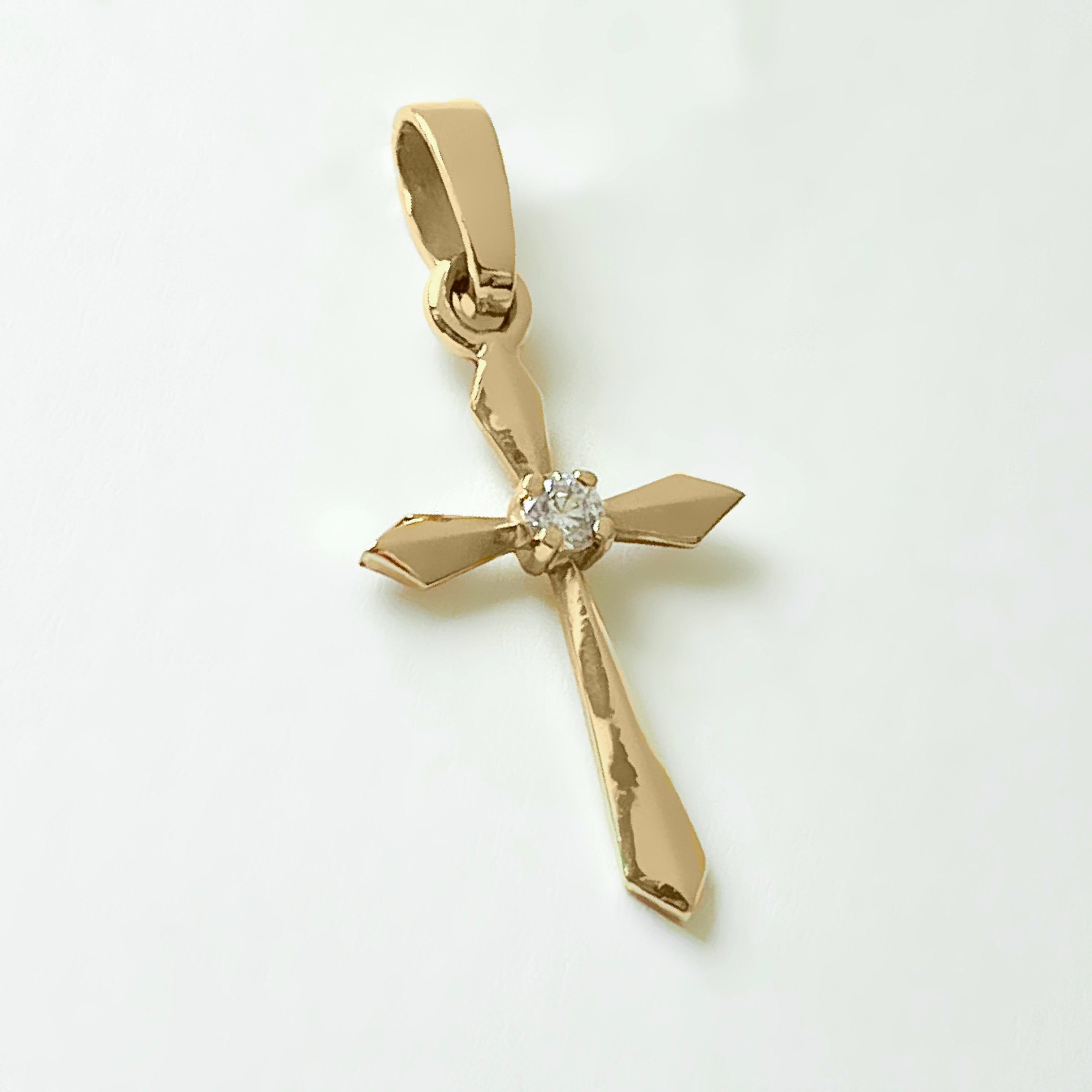 One Stone Cross in 14K Yellow Gold and Diamond Cut Zirconium