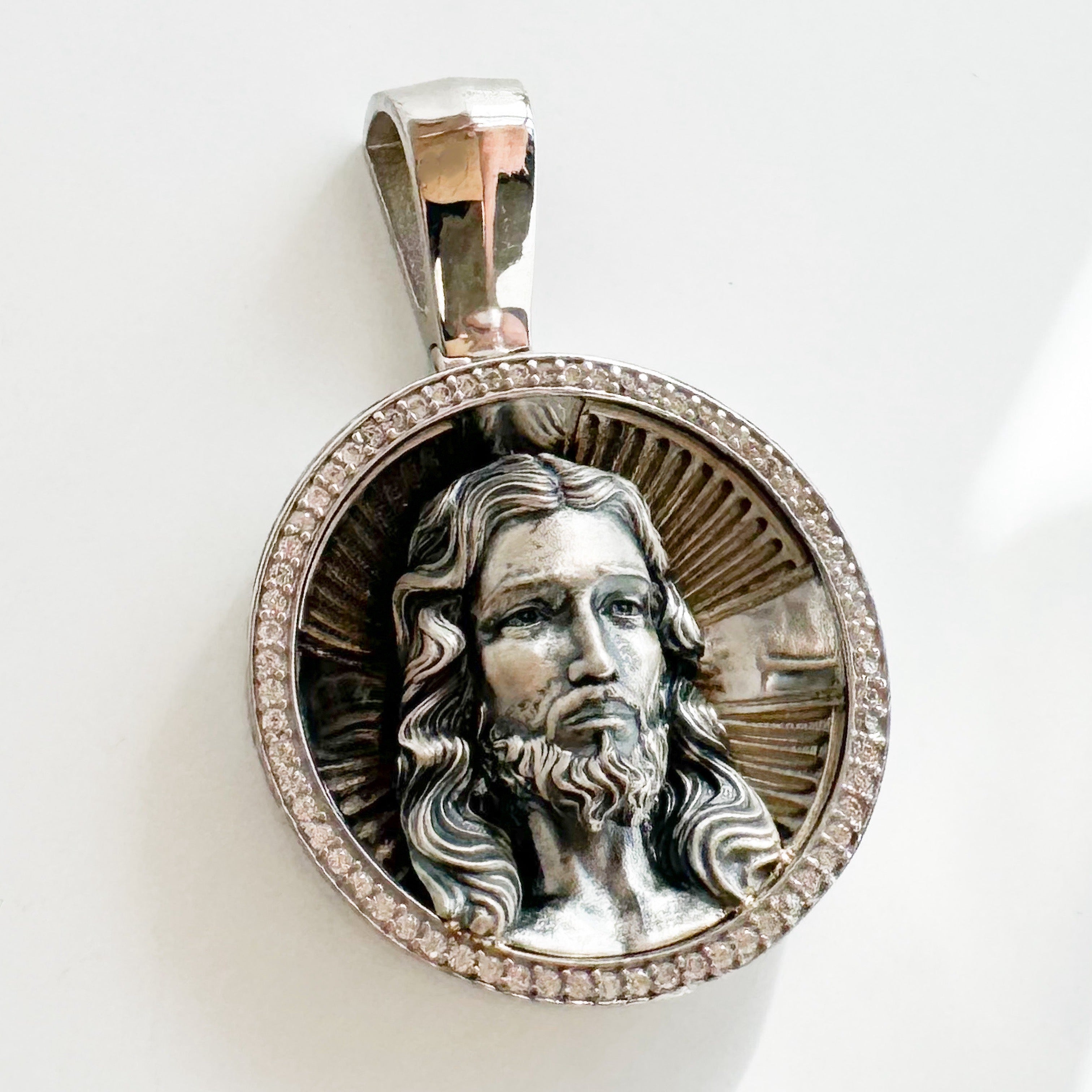 925 Sterling Silver Jesus Pendant with Cubic Zirconia – Sapphire