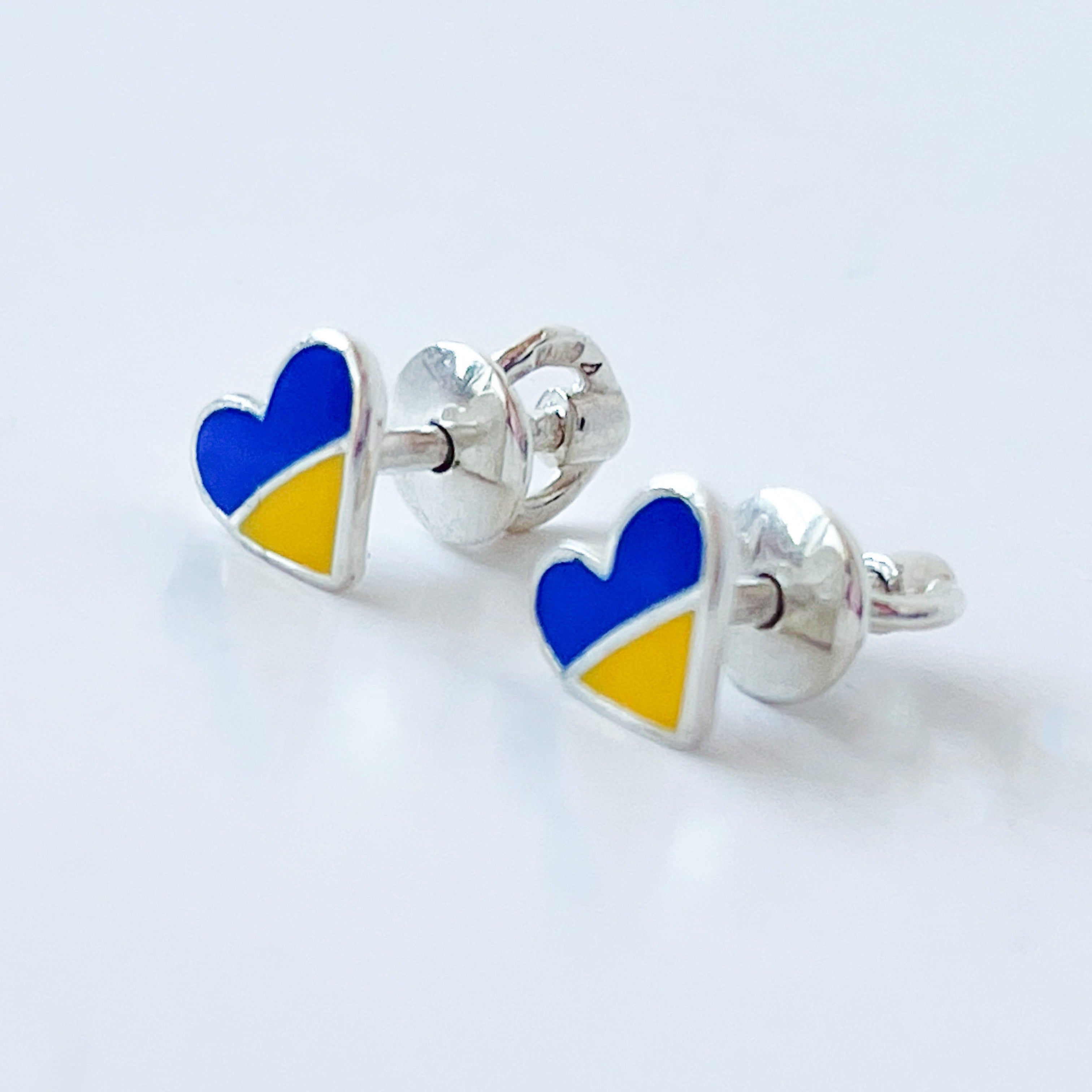 Sterling Silver Stud Earrings Blue and Yellow Hearts