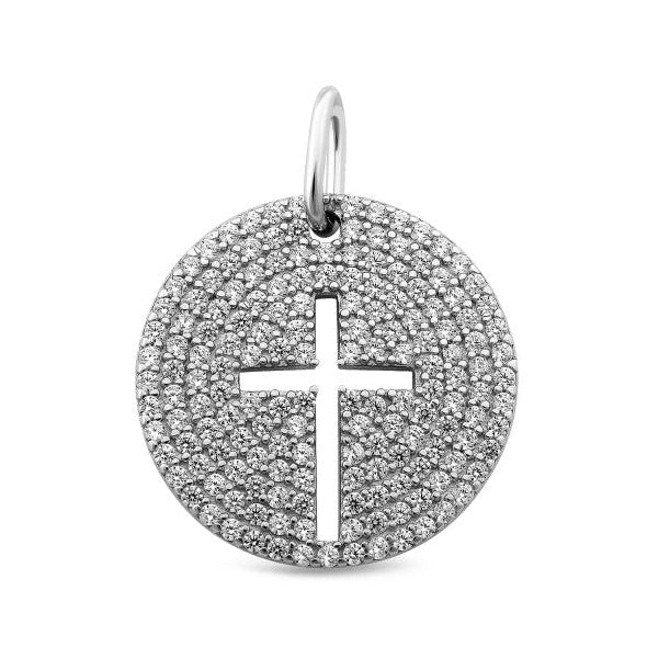 Silver pendant with a cross design on a white background