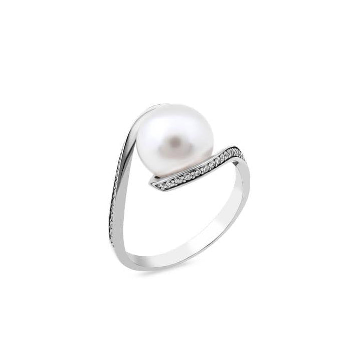 A 925 sterling silver ring with a pearl in the center and cubic zirconia around the top edge.