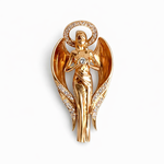 Gold angel pendant with wings and a halo on a white background