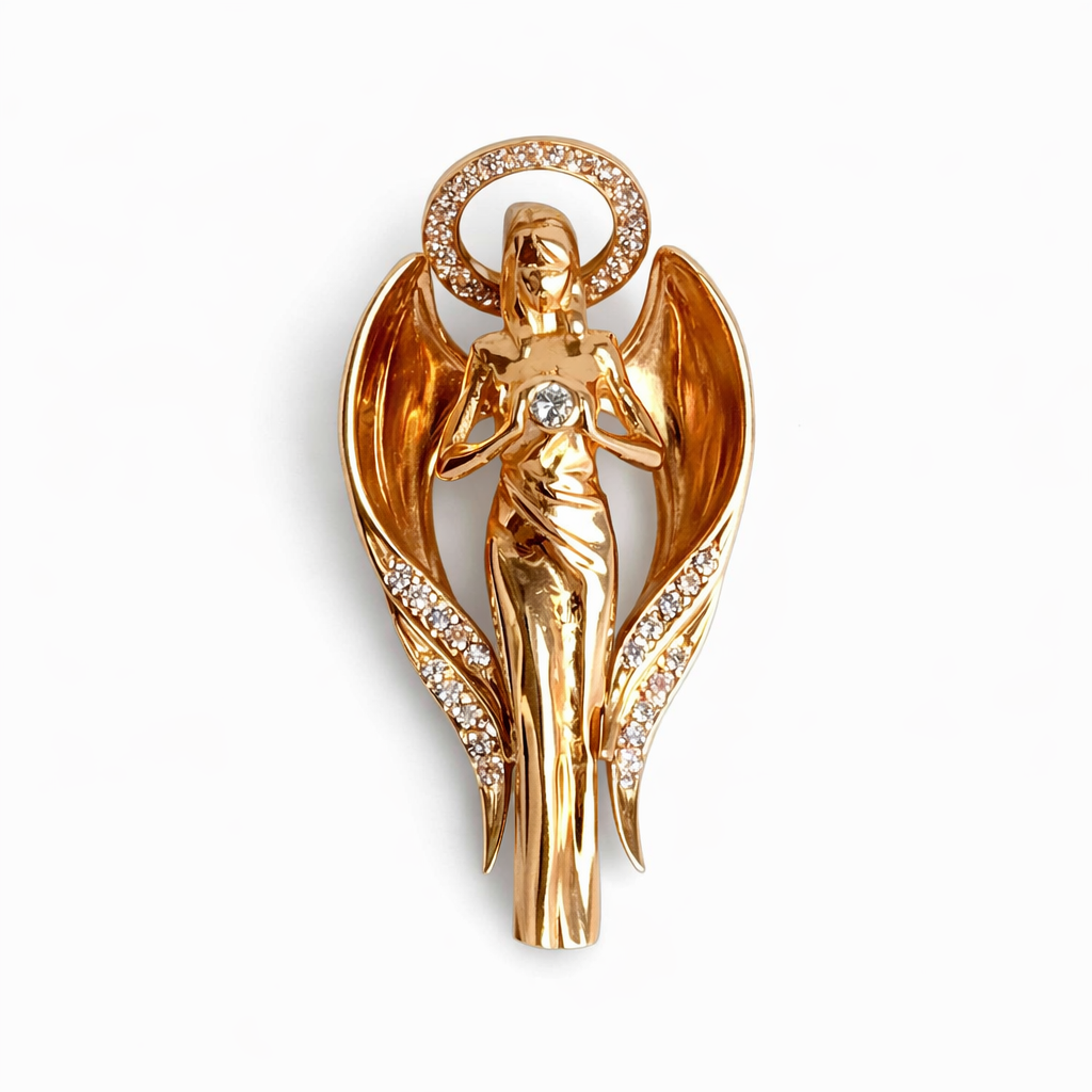 Gold angel pendant with wings and a halo on a white background