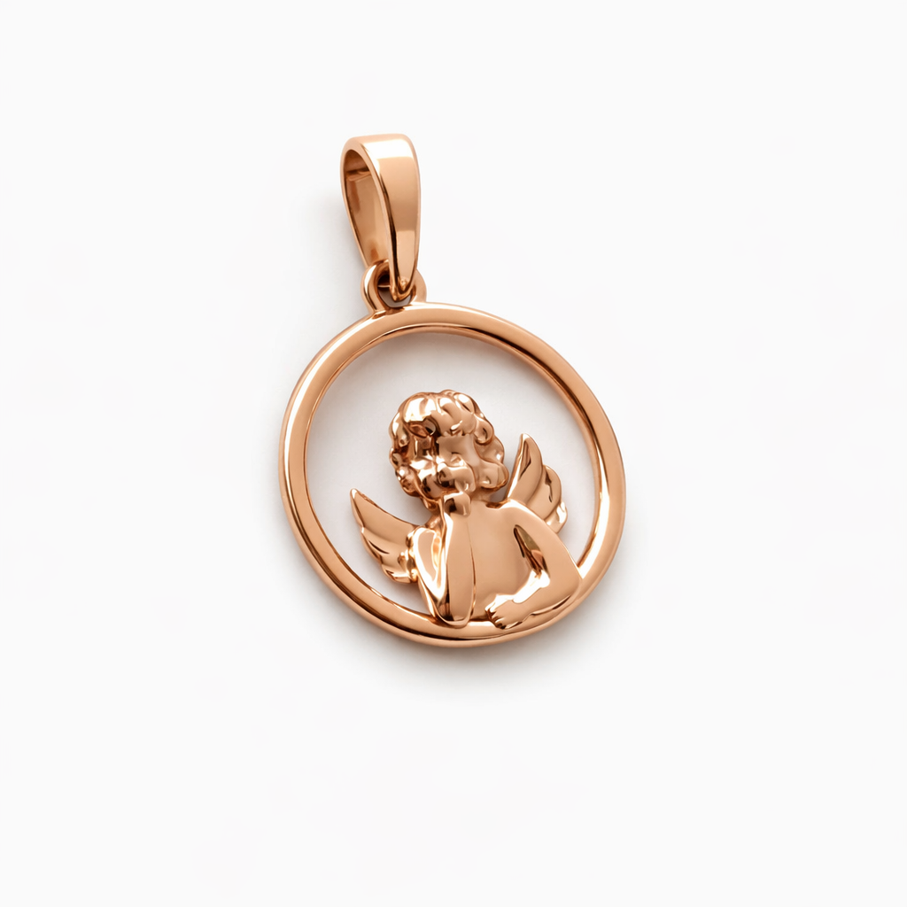 Rose gold pendant with an angel design on a white background