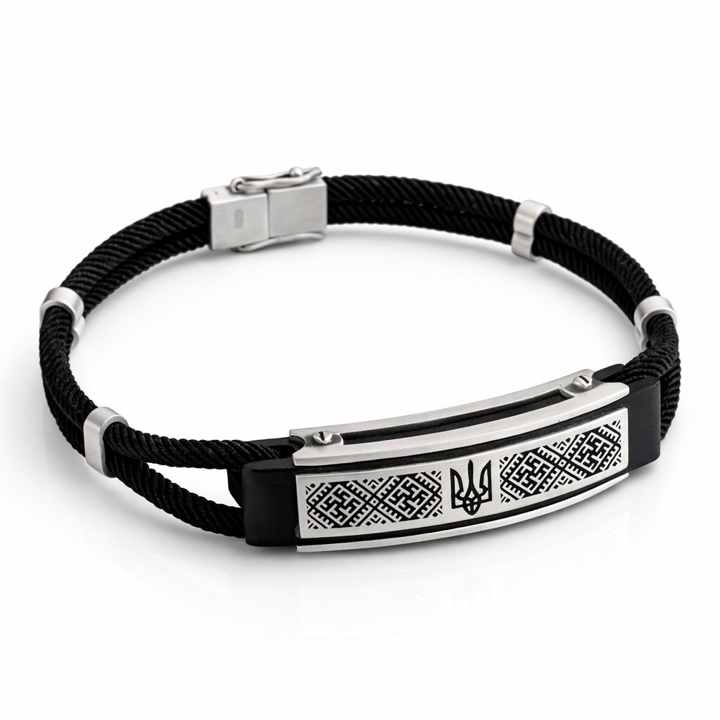 Rope Bracelet with 925 Sterling Silver Inserts "Tryzub" and Ebony Wood