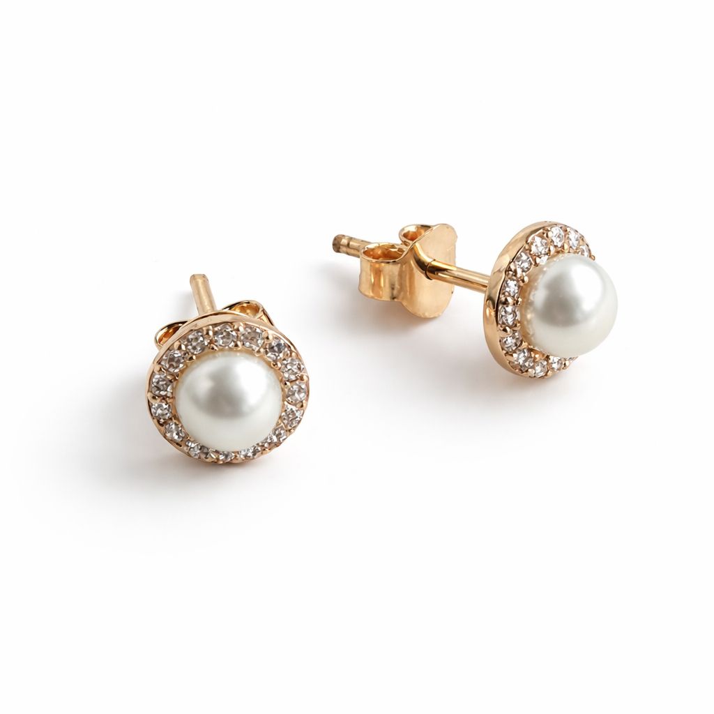 Stud Earrings in 14K/585 Rose Gold with Pearls and Cubic Zirconia on a white background