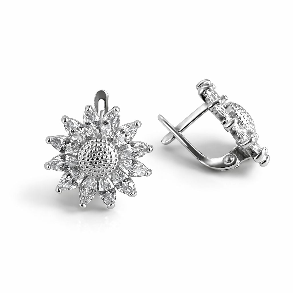 Sterling Silver sunflower earrings on a white background