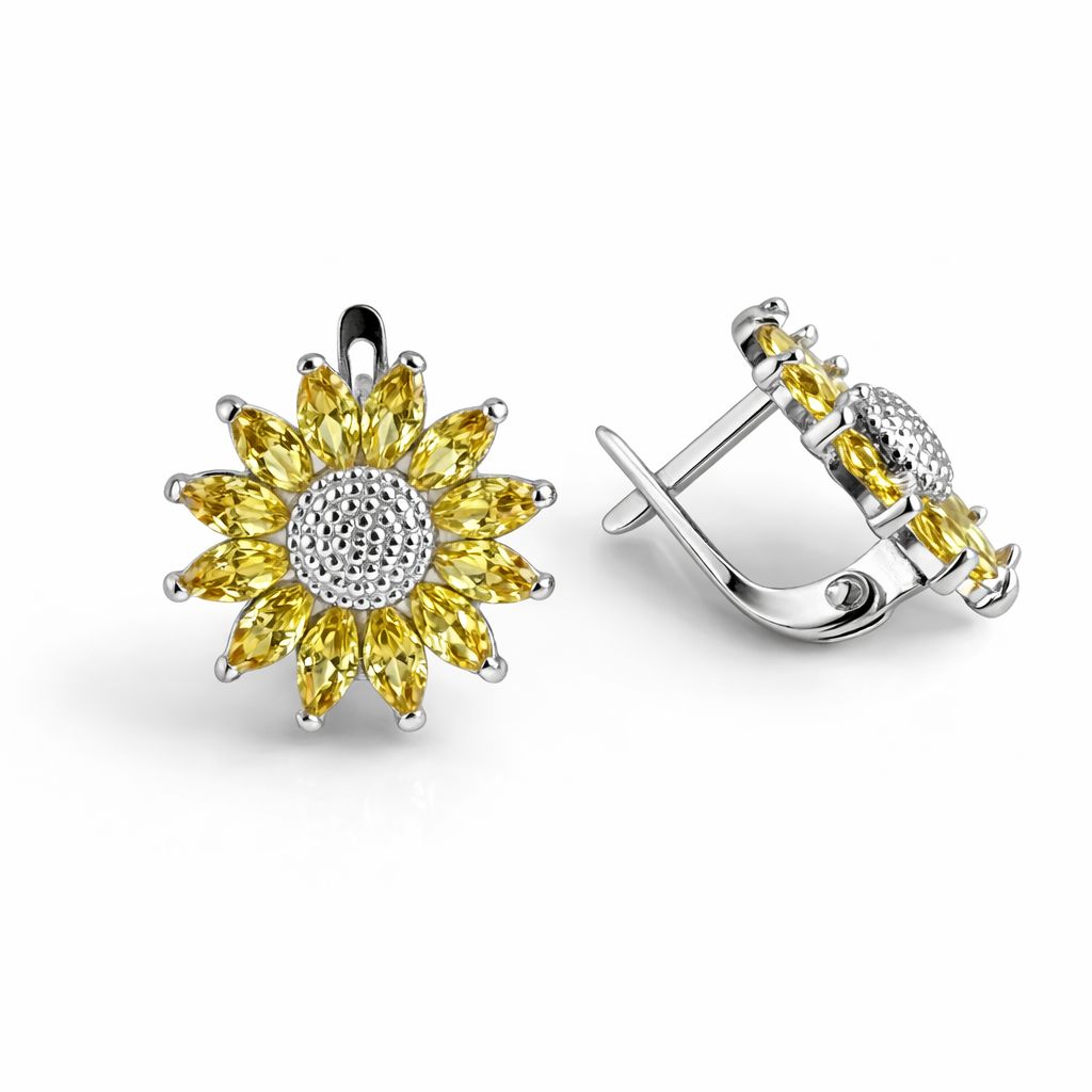 Sterling Silver sunflower earrings on a white background