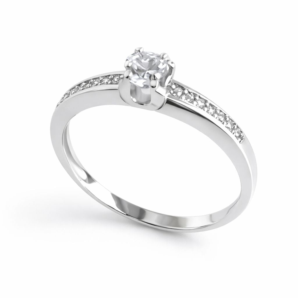 Sterling silver ring with cubic zirconia on a white background