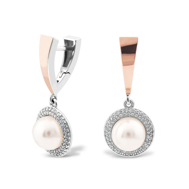 Pair of pearl earrings with silver and rose gold accents on a white background