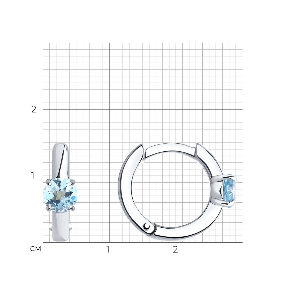 Measurements of sterling silver hoop earrings with topazes. Hight: 1.5 cm,  front width 0.5 cm, side width 1 cm 