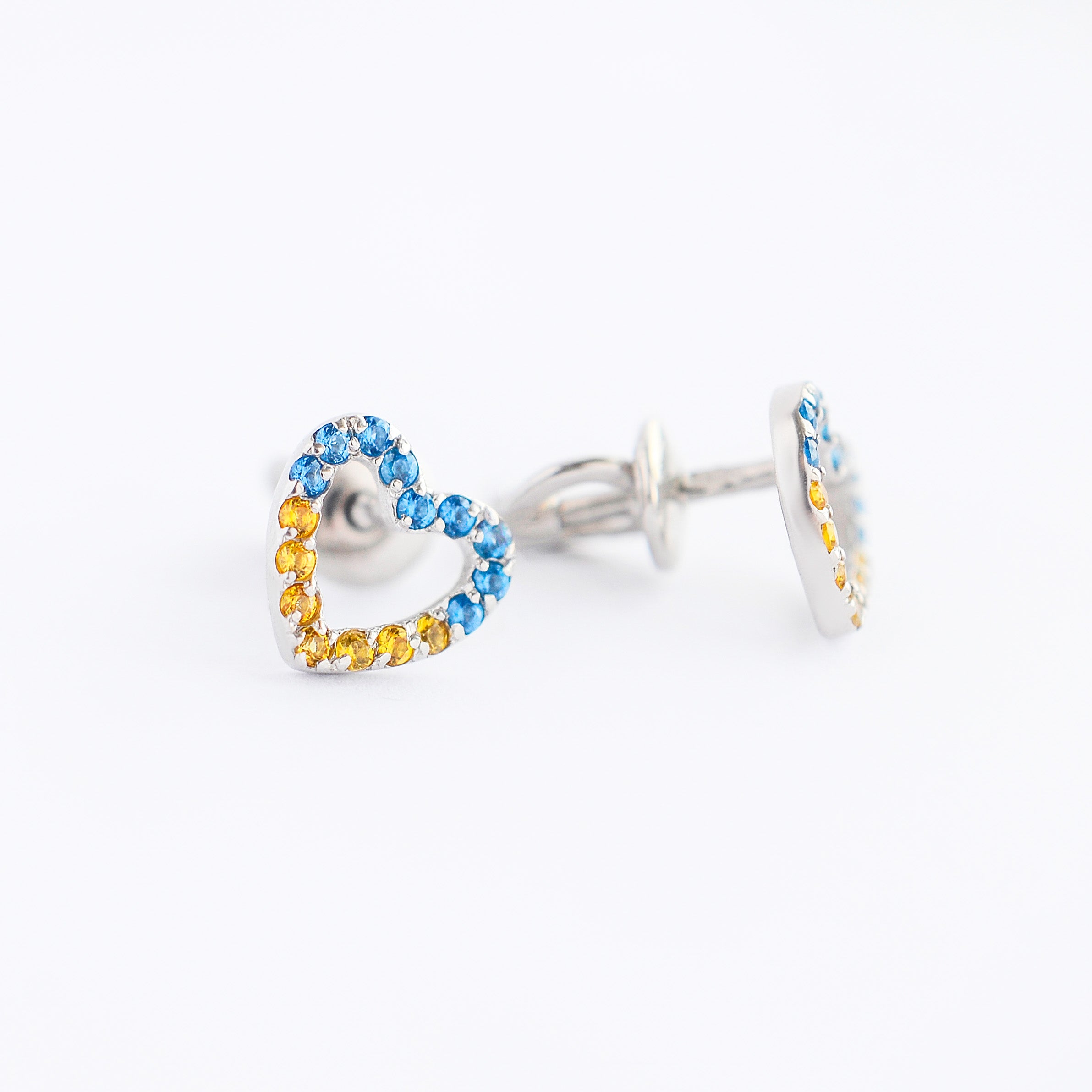 Sterling Silver Stud Earrings Blue and Yellow Hearts