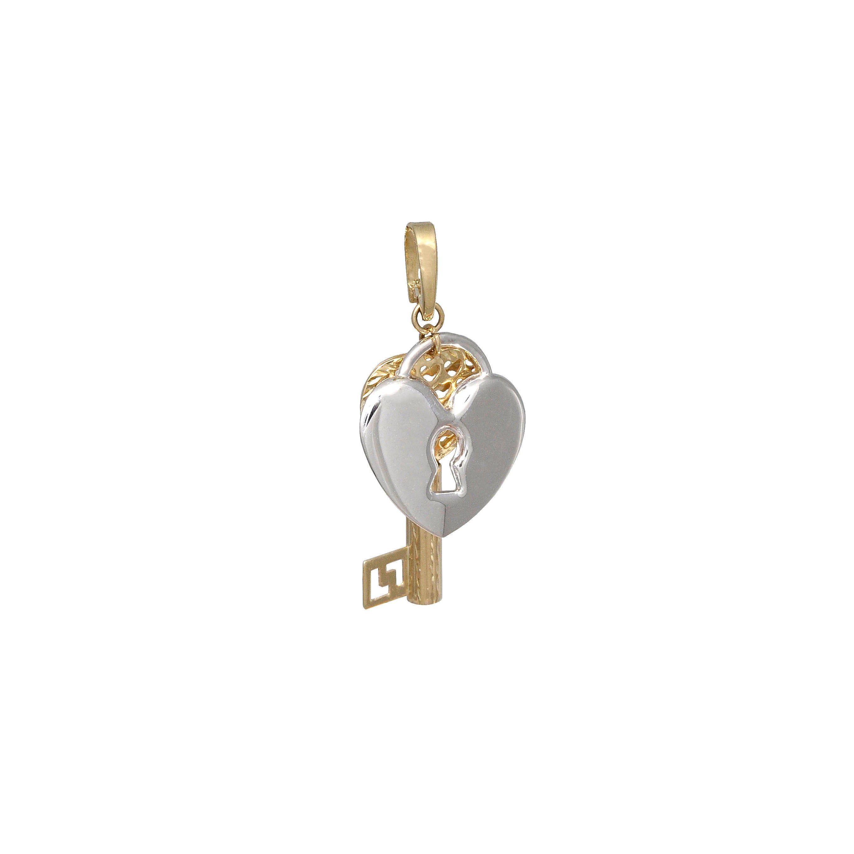 Key and heart pendant combined in  yellow and white 14K gold.