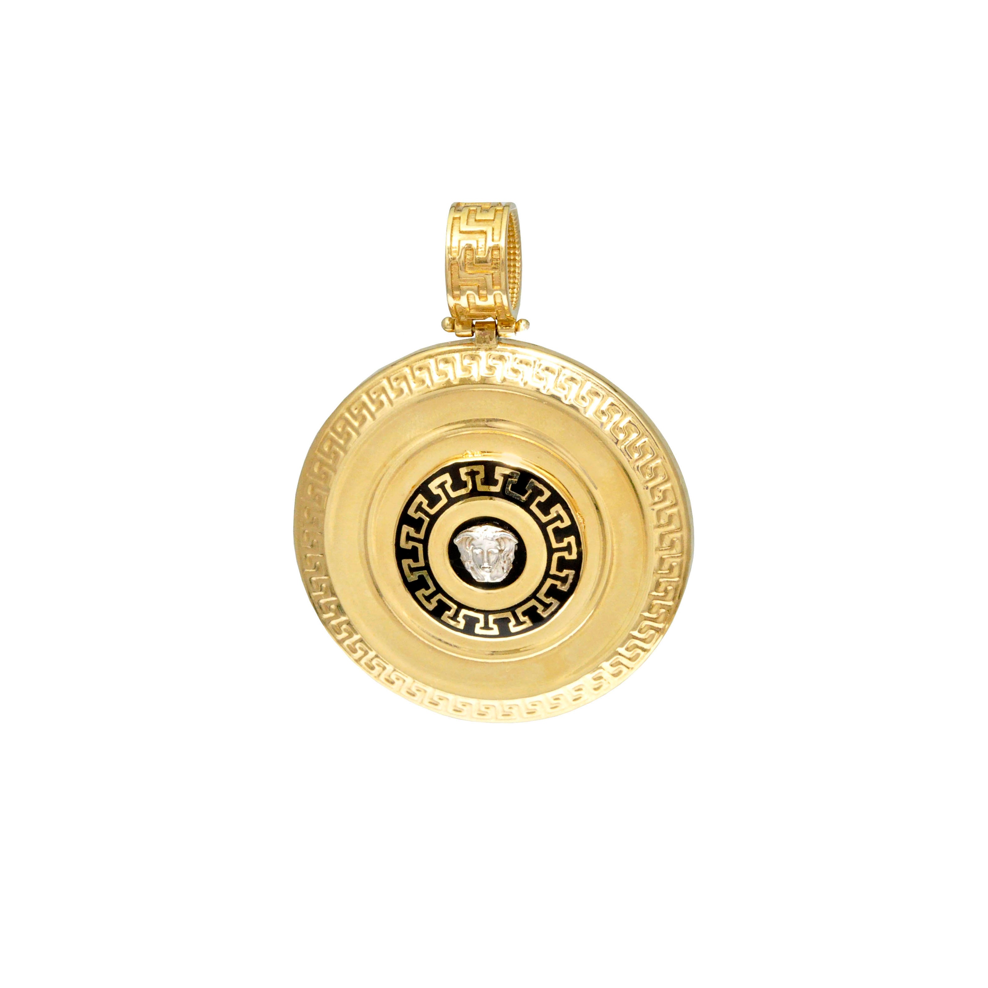 Large Versace style pendant in 14K yellow gold with enamel.