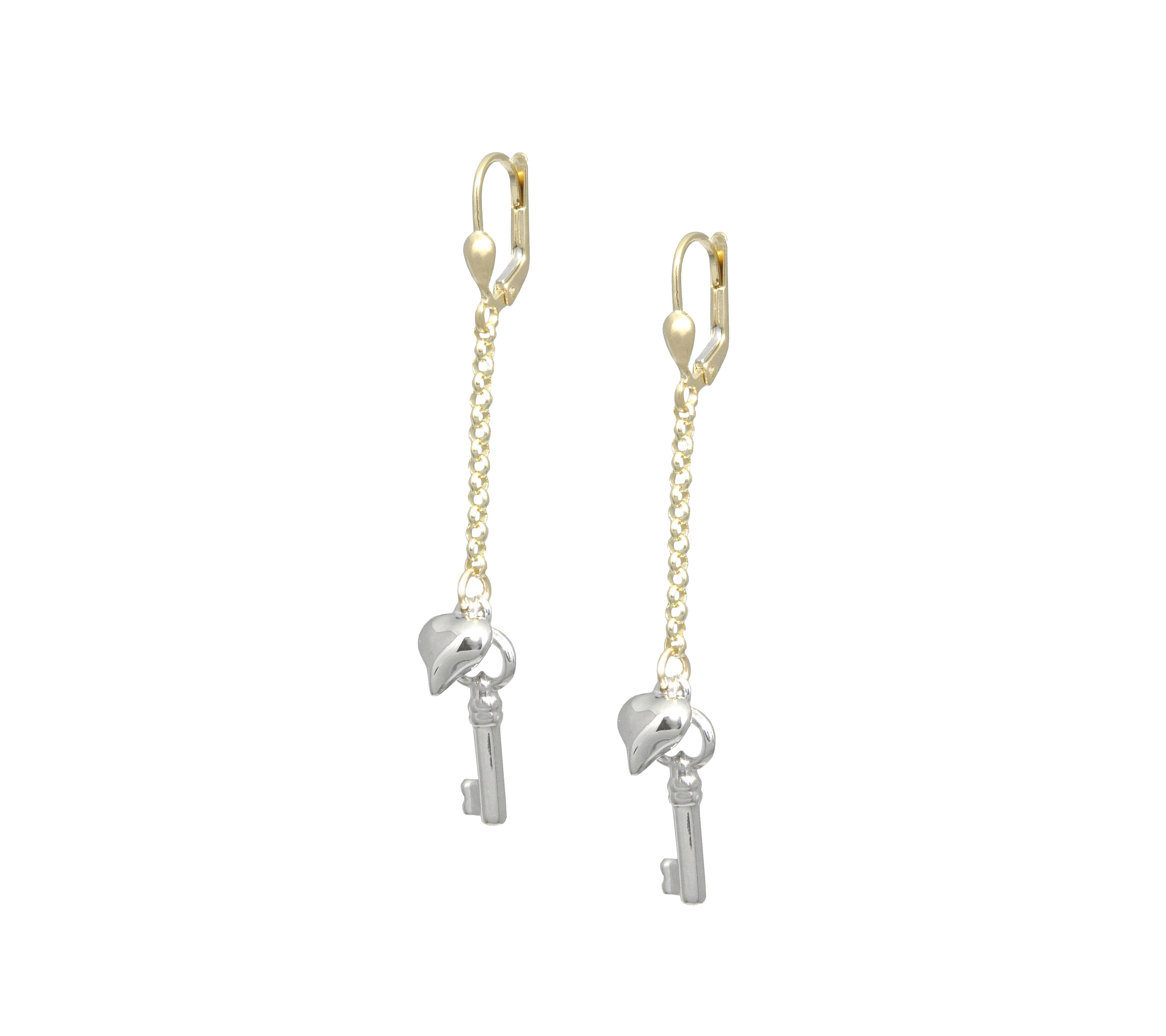Key to heart earrings in 14K yellow and white gold.
