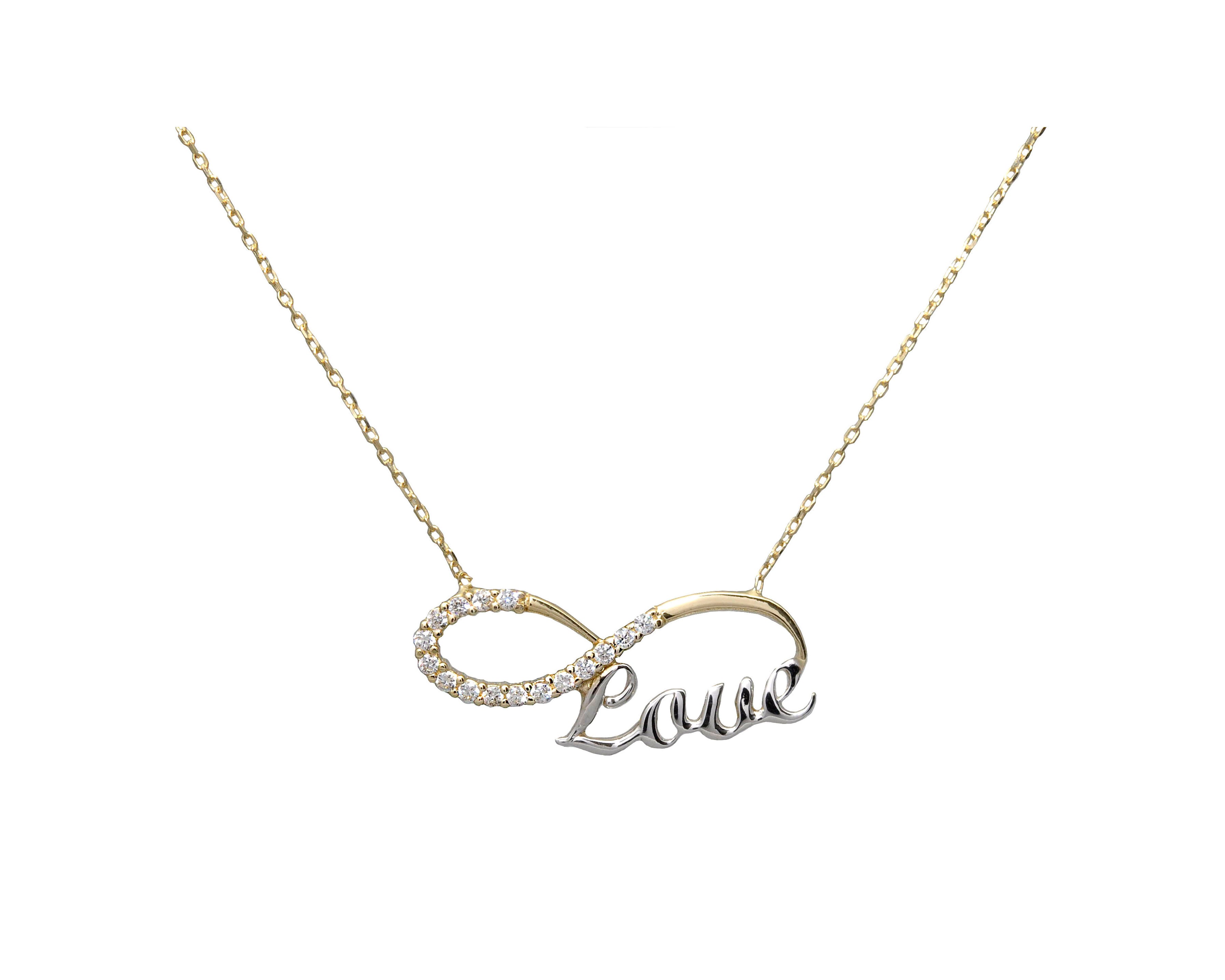 Infinity love necklace in 14K yellow gold, 'Love' in 14K white gold, decorated with diamond-cut zirconia.